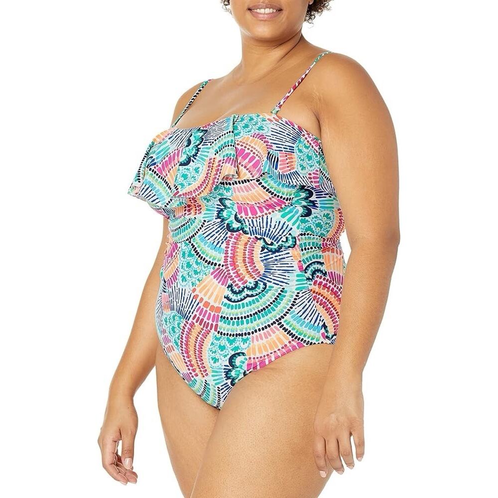 LA BLANCA WAVES OF COLOR COLORFUL RUFFLE BANDEAU ONE PIECE SIZE 16 PLUS SWIM - Picture 2 of 11